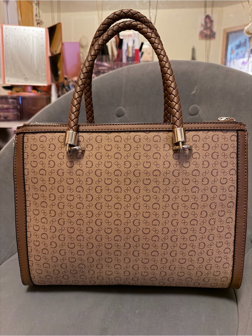GUESS Brown Signature Satchel with Braided Handles and Tassel - Picture 3 of 5